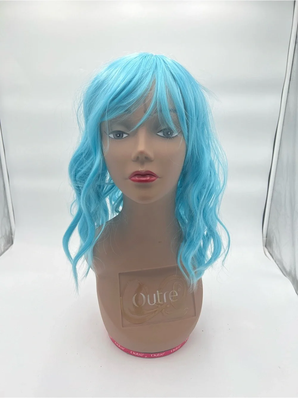 Light Blue Short Curly Wig with Bangs – Synthetic Cosplay/Party Wig